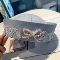 Detailed view of light blue sailor hat with white lace and pearl pink plaid bow decor - M (56-58cm) / Blue Sailor Hat With Pearl Lace