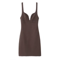 Short brown mini dress with deep V-neckline and wide shoulder straps on white background - XS / Coffee