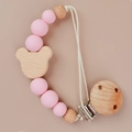 Pink silicone and wooden bear pacifier clip chain for infants with smooth beads - Pink(87#)