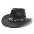 Cappello da cowboy in paglia nera con ricamo floreale e ornamento in metallo vintage - M (56-58cm) / Nero
