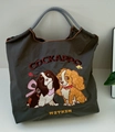 Dark gray-green nylon tote bag featuring detailed cartoon dog embroidery and checkered handles - Dark Grey Cocker Spaniel