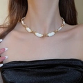 Detail of vintage style cross necklace with gold chain and white enamel on a model - White Enamel Cross Link Necklace (8#)