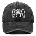 Vintage washed charcoal baseball cap featuring white DOG MOM print and paw icon - Black