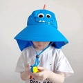 Sky blue kids sun hat with wide brim, neck protection flap, and dinosaur monster design - Royal Blue Dinosaur