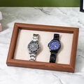 Walnut wood watch display tray with creamy velvet lining for two timepieces - Walnut/Beige