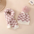 Pink heart knit hat and scarf set with pom-pom for newborn babies winter warmth - Pink