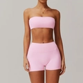 Pink two-piece yoga set with tube top and high-waisted shorts for fitness and pilates - S / Cherry Pink Bandeau+Shorts