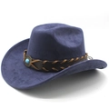 Detail of faux suede navy cowboy hat with brown braided band and turquoise stone accent - M (56-58cm) / Navy Blue