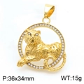 Vergoldeter Hip-Hop Tiger-Anhänger mit Strass im Rundrahmen, Größe 36x34mm - Goldener Tigerkopf-Anhänger mit weißen Augen (KP130494-MZOZ)