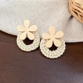 Detailed close-up of handmade wicker hoop earrings with cream yellow floral acrylic studs - 25# 925 Sterling Silver Earring Post - White - Cream Flower Rattan Hoop