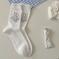 White ribbed crew socks with cat embroidery and ruffled cuffs in Japanese sweet style - One Size / White