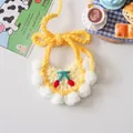 Handmade knitted yellow pet collar with cherry embroidery and white scalloped edge trim - White Lace Trim