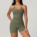 Olive green two-piece yoga set featuring a halter neck top and high waist sports shorts - S / Light Army Green (Top+Shorts)