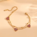 Detail of double-layer stainless steel bracelet with three pink heart charms and gold beads - Gold Red Shell Bracelet (A718)