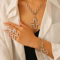 Three-piece jewelry set with silver cross pendants and rhinestone chains for women - Silver Earrings+Necklace+Bracelet (Hollow Cross)