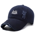 Distressed dark blue denim baseball cap with white embroidered letters and ripped detail - Adjustable / Dark Blue