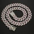 Close-up of 14mm silver and pink cuban link chain necklace with sparkling rhinestones - Dragon Clasp Half Pink Silver