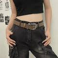 Vintage brown leather belt for women with floral embossing and silver western buckle - 100cm / Brown Floral Embossed Style (K0245)