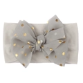 Gray soft nylon baby headband with a large chiffon gold polka dot bow accessory - Gray