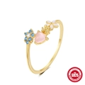 S925 sterling silver golden open ring with blue flower and pink heart accents - Adjustable Open / Gold #1/Colorful Flower Heart