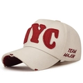 Beige cotton canvas NYC baseball cap with red patch embroidery and distressed visor detail - Adjustable / Beige