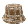 Close-up detail of warm teddy fleece material and brown plaid pattern on bucket hat - M (56-58cm) / Brown and White Plaid Style (D)