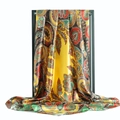 Luxurious yellow paisley satin silk scarf elegantly draped on a minimal black display stand - Yellow