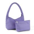 Handwoven purple tote bag set with matching smooth leather zipper pouch on white background - Shoulder Bag Set / Purple Blue