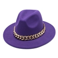 Detail view of purple fedora hat featuring a bold gold metal chain on wool felt brim - M (56-58cm) / Purple