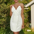 Detail of white blazer dress with double-breasted buttons and rhinestone chain strap - S / White