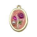 French vintage enamel oval pendant featuring pink floral motifs and a white pearl accent - Pink Rose Flower-22068