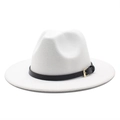 Classic white wool felt fedora hat with flat brim and black leather belt gold buckle - White