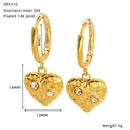 Detail view of 18K gold plated stainless steel heart earrings with dimensions and weight info - Hammered Heart Style (SE631G)