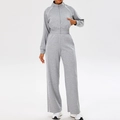 Light gray yoga tracksuit with zipper sweatshirt and high waist wide leg pants - S / Heather Grey (Sport Jacket + Straight Pants)