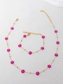 Detail of bohemian gold stainless steel chain with pink beaded flowers necklace set - Rose Red Necklace And Bracelet