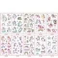 Detailansicht der 10-teiligen Einhorn-Tattoo-Sticker mit Regenbogen-Motiven - Einhorn E Serie