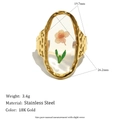 Anello ovale vintage in acciaio inossidabile placcato oro 18K con fiore e resina - Aperto Regolabile / Anello Regolabile Sakura a Goccia d'Olio Ovale Lunga - Oro