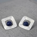 Square silver geometric earrings with natural blue lapis lazuli stone inlay - Lfja0085b2 / 925 Silver