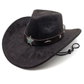 Classic black faux suede fedora with brown leather strap and turquoise star badge - M (56-58cm) / Black