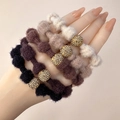 Fuzzy plush hair scrunchies with rhinestone gold ball detail in four elegant colors - Plush Mixed Colors Rhinestone Ball 5Pcs Set
