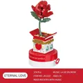 Red rose music box building block set with a rotating heart-decorated base and 374 pieces - Eternal Love Rose Music Box