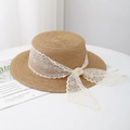 Cappello di paglia beige con nastro di pizzo floreale e fiocco stile vintage - Circonferenza Testa 55-57CM Regolabile / Kaki