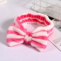 Pink and white striped coral fleece headband with a large bow for washing face - Rose Red and White Stripes