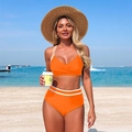 Sporty bright orange bikini set with high-waisted bottoms and white trim accents - Orange