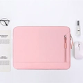 Pink fabric laptop sleeve with zipper pocket, styled with glasses and mouse - Pink (D6)