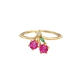 Golden cherry ring with pink crystal fruit and green zircon leaf on beaded band - Pink Cherry-Beaded Band (JZ00008-1)
