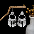 Ethnic bohemian silver tassel earrings with hollow leaf dangles on wooden branch - Silver Round Ring Leaf Tassel(E4891)