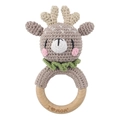 Handmade crochet baby deer rattle on wooden ring with I Love Mom engraving - Elk