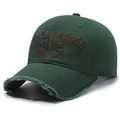 Forest green distressed baseball cap with embroidered brown lettering on a white background - Army Green