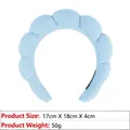 Macro view of light blue padded spa headband showing 17x18x4cm dimensions and 50g weight - Terry Cloth Headband / Light Blue
